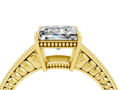 Yellow gold Princess Cut Moissanite Engagement Ring with Milgrain Channel Set Band and Prong Setting_4