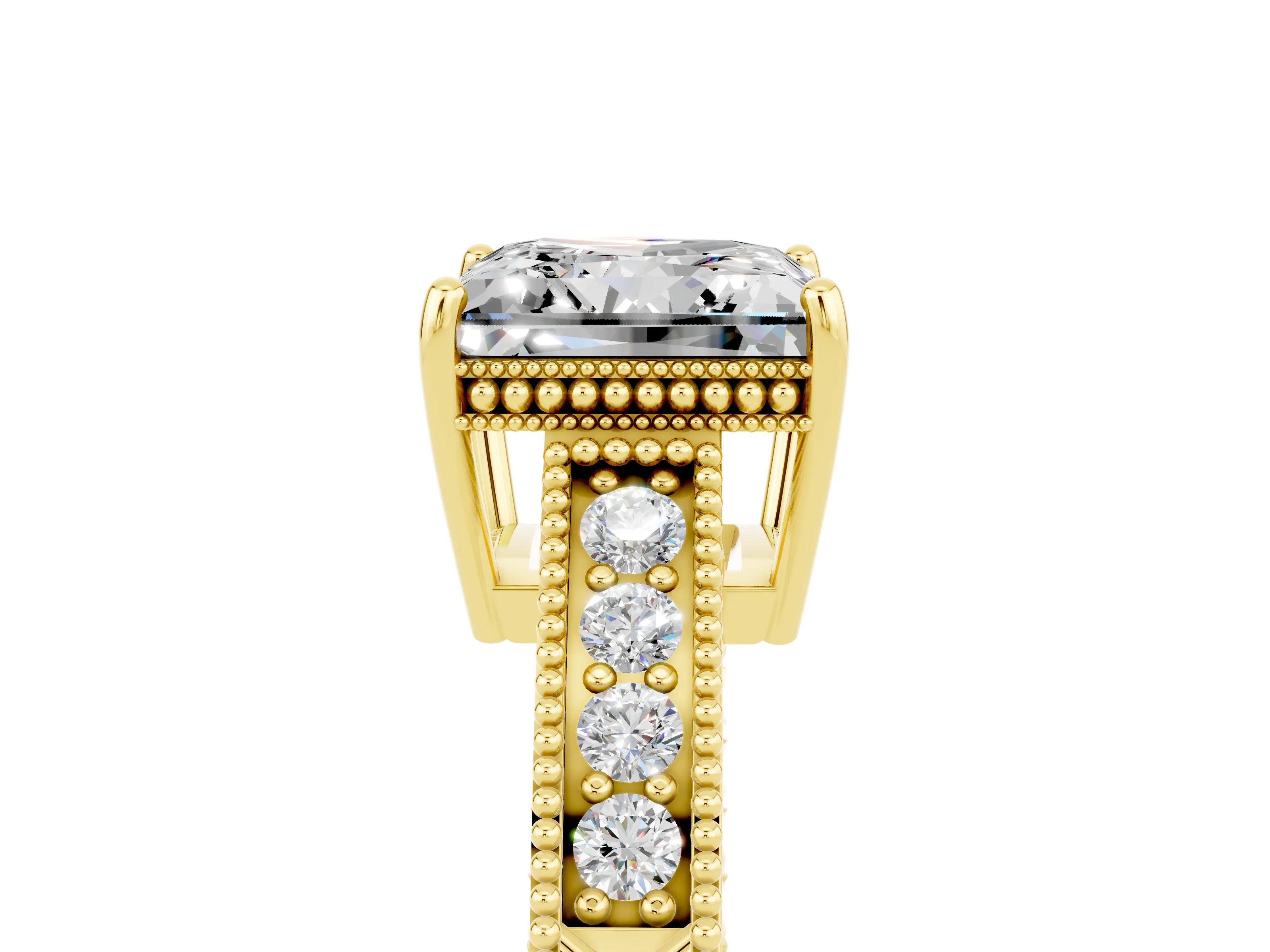 Yellow gold Princess Cut Moissanite Engagement Ring with Milgrain Channel Set Band and Prong Setting_5