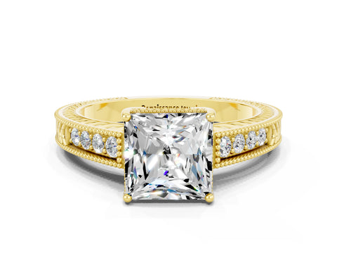 Yellow gold Princess Cut Moissanite Engagement Ring with Milgrain Channel Set Band and Prong Setting