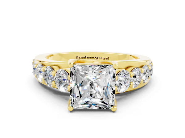 Yellow gold Princess Cut Moissanite Engagement Ring with Pavé Band and Four-Prong Setting