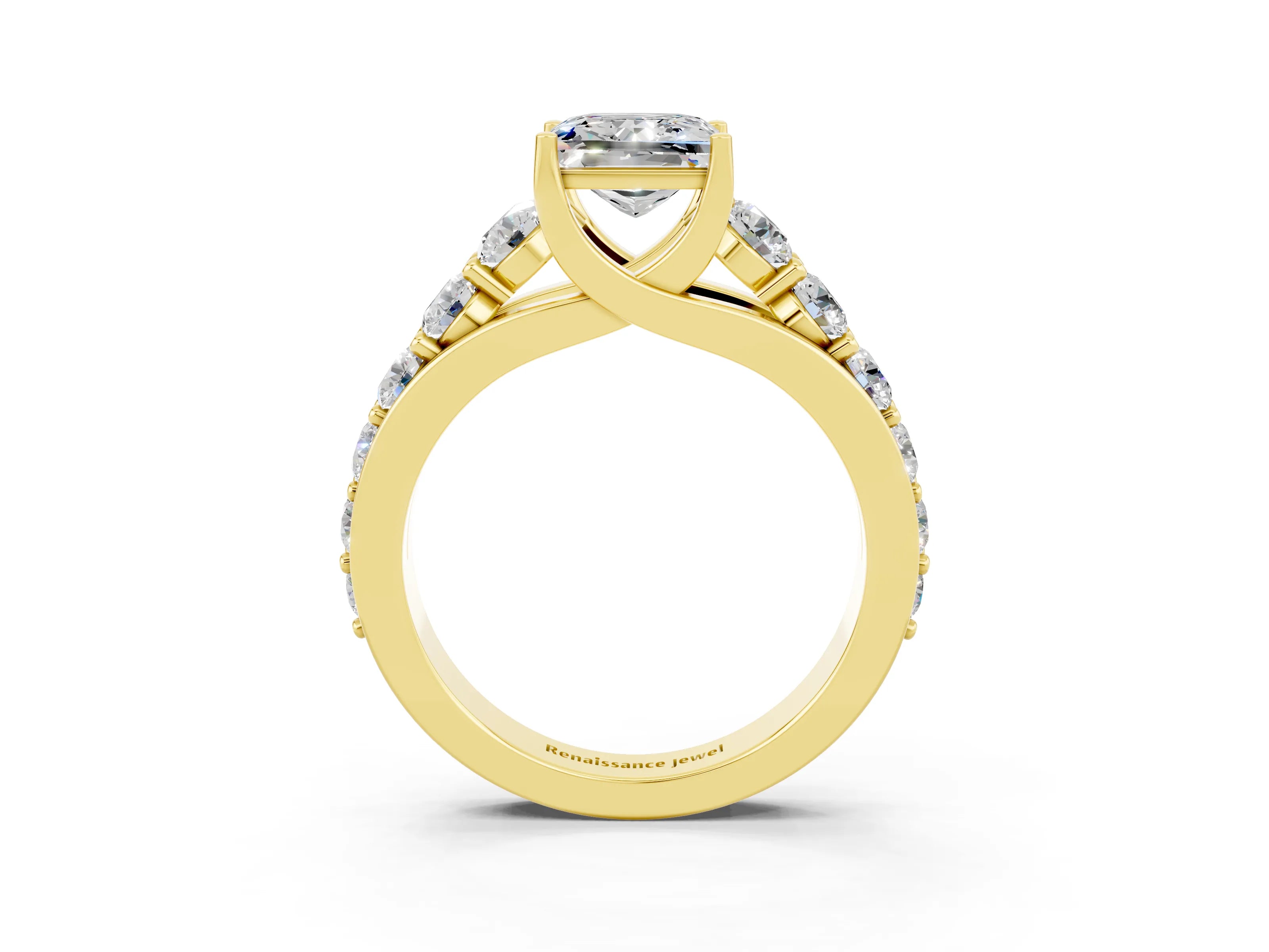 Yellow gold Princess Cut Moissanite Engagement Ring with Pavé Band and Four-Prong Setting_3