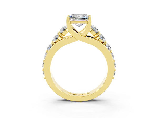 Yellow gold Princess Cut Moissanite Engagement Ring with Pavé Band and Four-Prong Setting