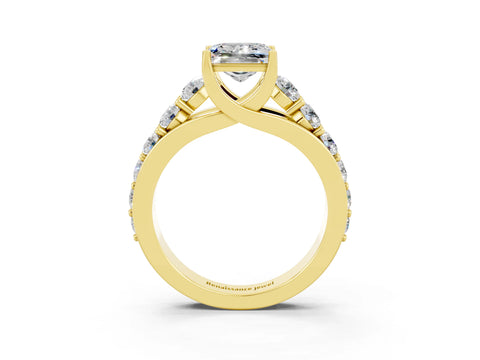 Yellow gold Princess Cut Moissanite Engagement Ring with Pavé Band and Four-Prong Setting_3