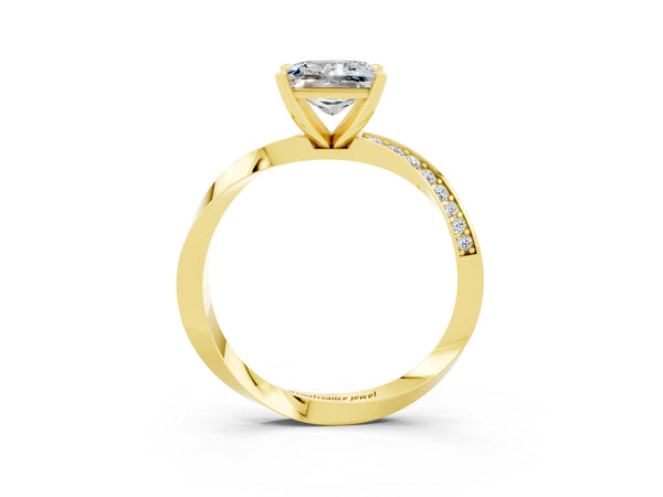 Yellow gold Princess Cut Moissanite Engagement Ring with Side Stone Accents and Four-Prong Setting