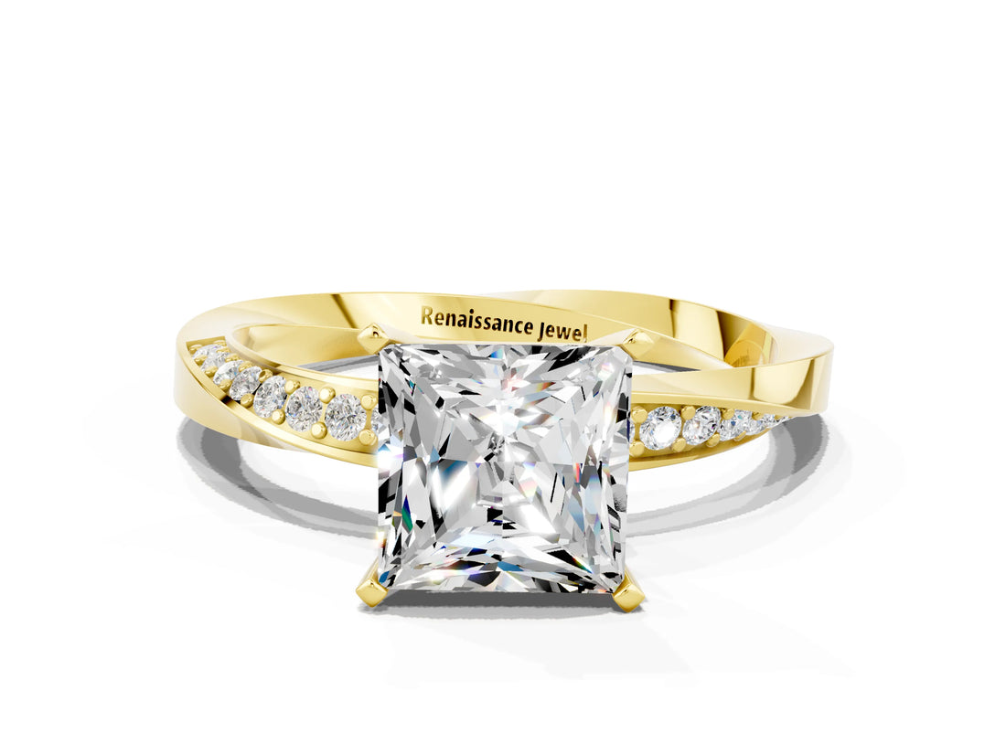 Yellow gold Princess Cut Moissanite Engagement Ring with Side Stone Accents and Four-Prong Setting_60