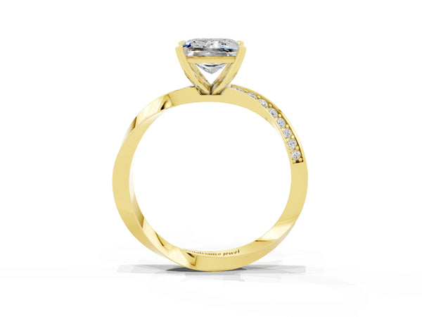 Yellow gold Princess Cut Moissanite Engagement Ring with Side Stone Accents and Four-Prong Setting