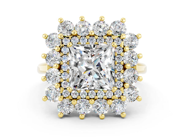 Yellow gold Princess Cut Moissanite Floral Double Halo Engagement Ring with Prong Setting