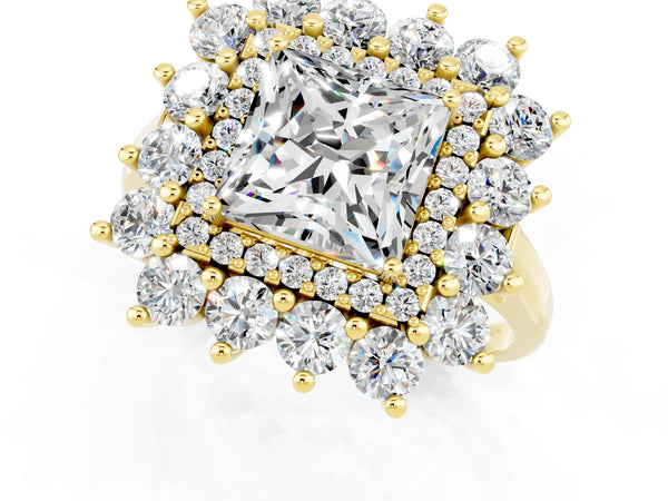 Yellow gold Princess Cut Moissanite Floral Double Halo Engagement Ring with Prong Setting