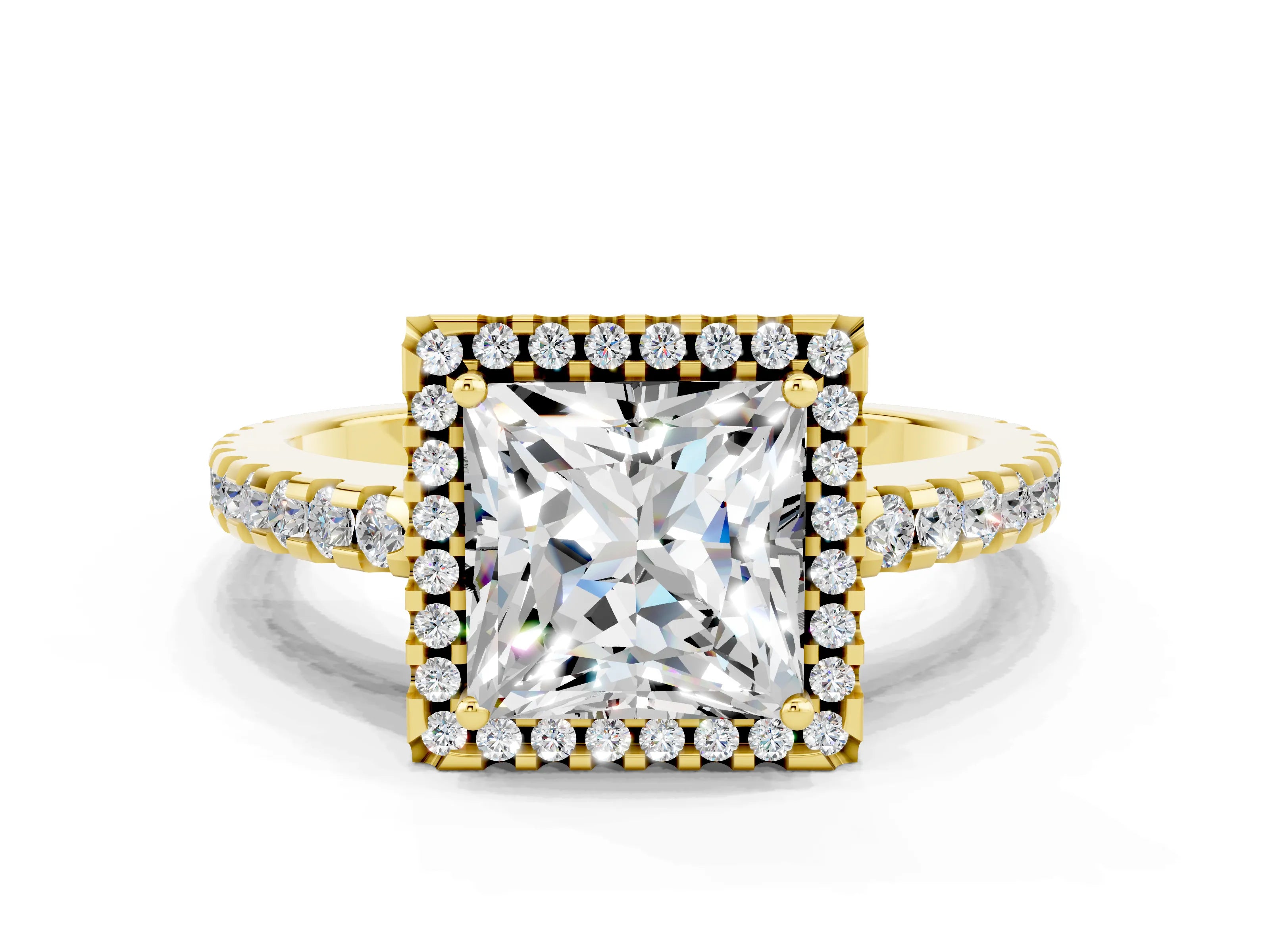 Yellow gold Princess Cut Moissanite Halo Engagement Ring with Pavé Band and Prong Setting_12