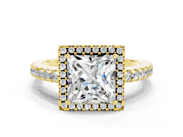 Yellow gold Princess Cut Moissanite Halo Engagement Ring with Pavé Band and Prong Setting
