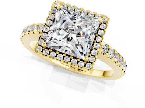 Yellow gold Princess Cut Moissanite Halo Engagement Ring with Pavé Band and Prong Setting_13