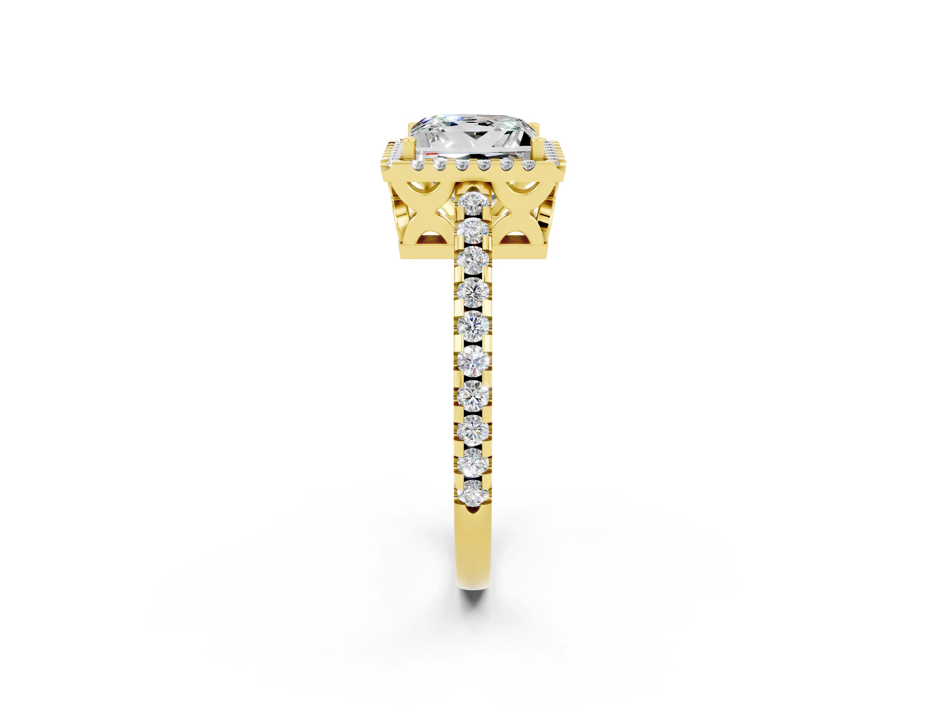 Yellow gold Princess Cut Moissanite Halo Engagement Ring with Pavé Band and Prong Setting_14