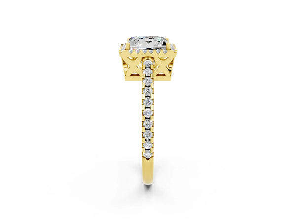 Yellow gold Princess Cut Moissanite Halo Engagement Ring with Pavé Band and Prong Setting