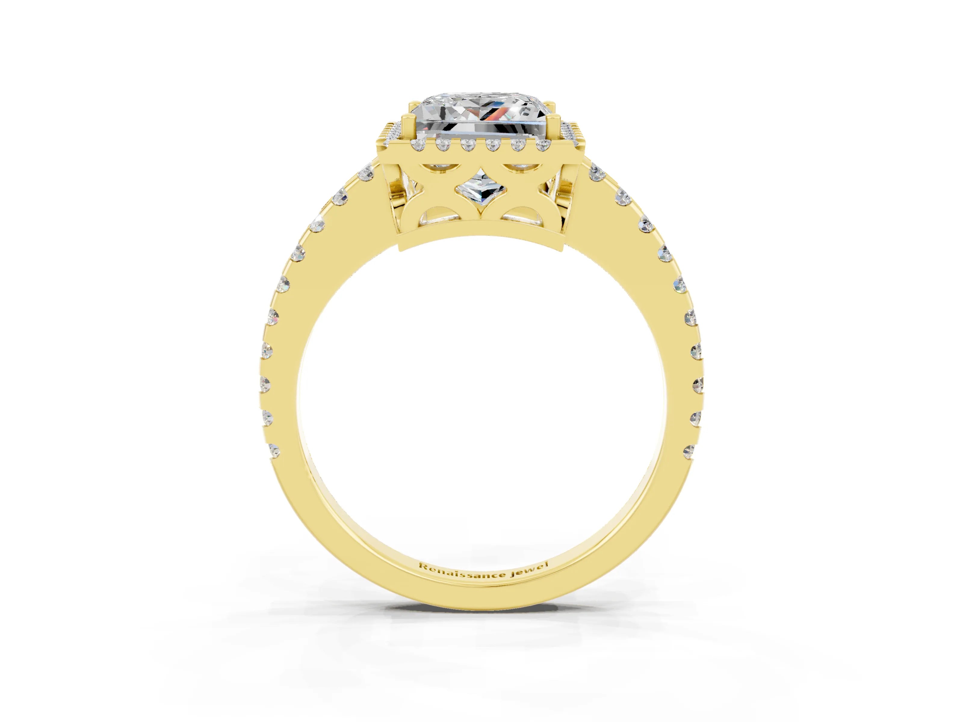 Yellow gold Princess Cut Moissanite Halo Engagement Ring with Pavé Band and Prong Setting_15