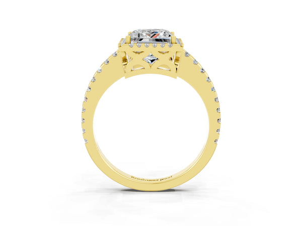 Yellow gold Princess Cut Moissanite Halo Engagement Ring with Pavé Band and Prong Setting