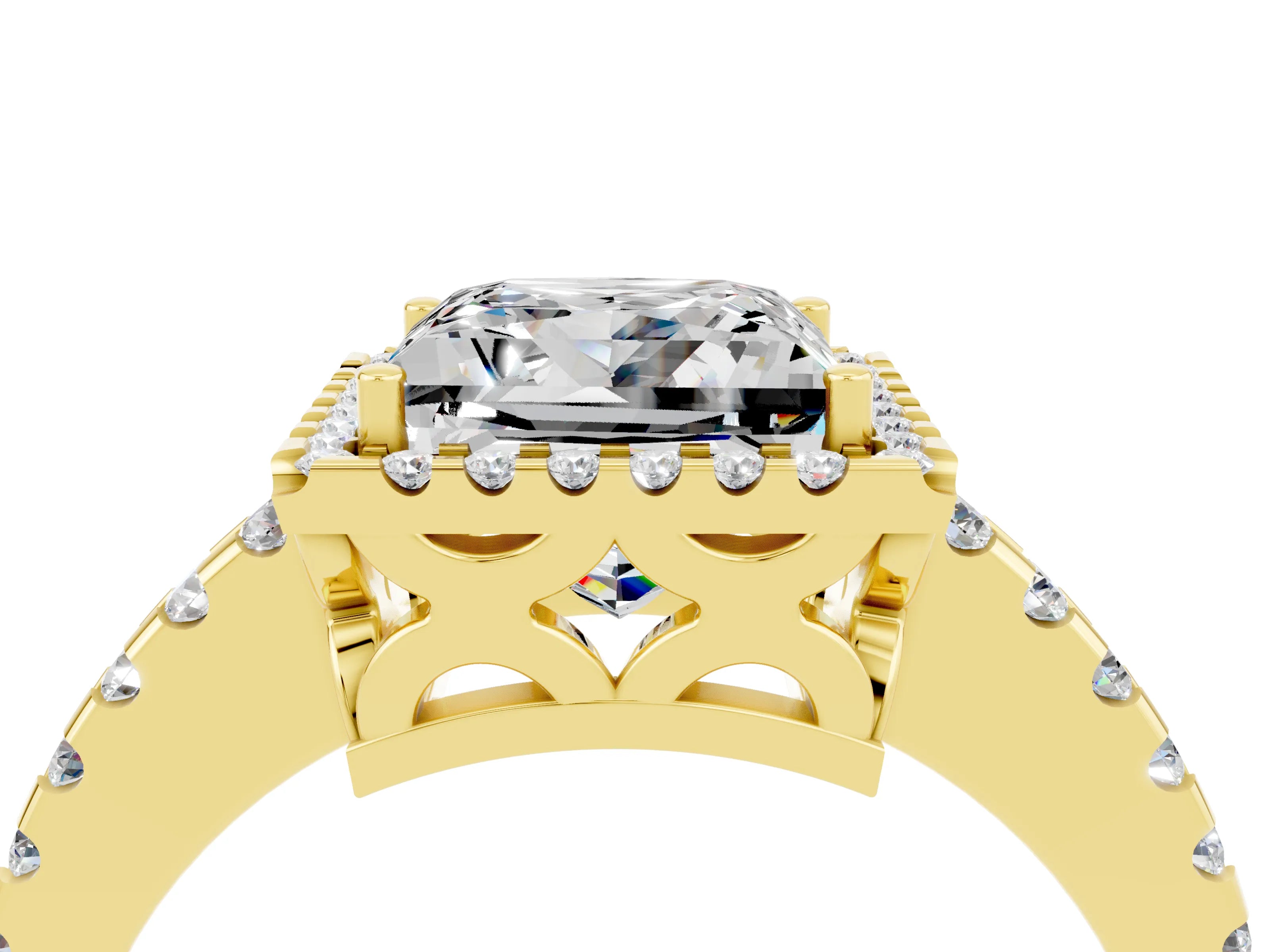 Yellow gold Princess Cut Moissanite Halo Engagement Ring with Pavé Band and Prong Setting_16