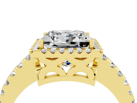 Yellow gold Princess Cut Moissanite Halo Engagement Ring with Pavé Band and Prong Setting_16