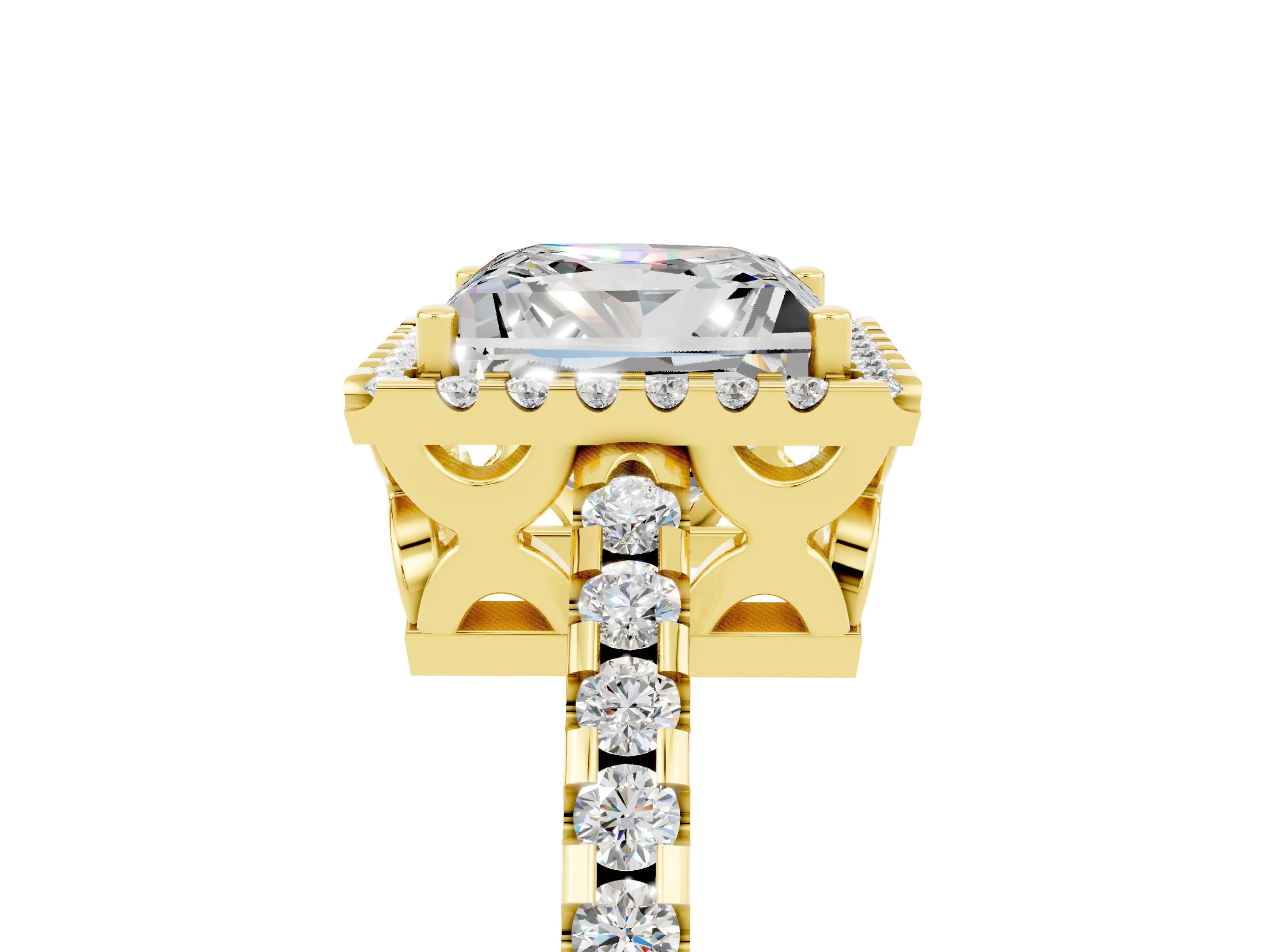 Yellow gold Princess Cut Moissanite Halo Engagement Ring with Pavé Band and Prong Setting_17