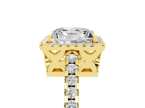 Yellow gold Princess Cut Moissanite Halo Engagement Ring with Pavé Band and Prong Setting_17