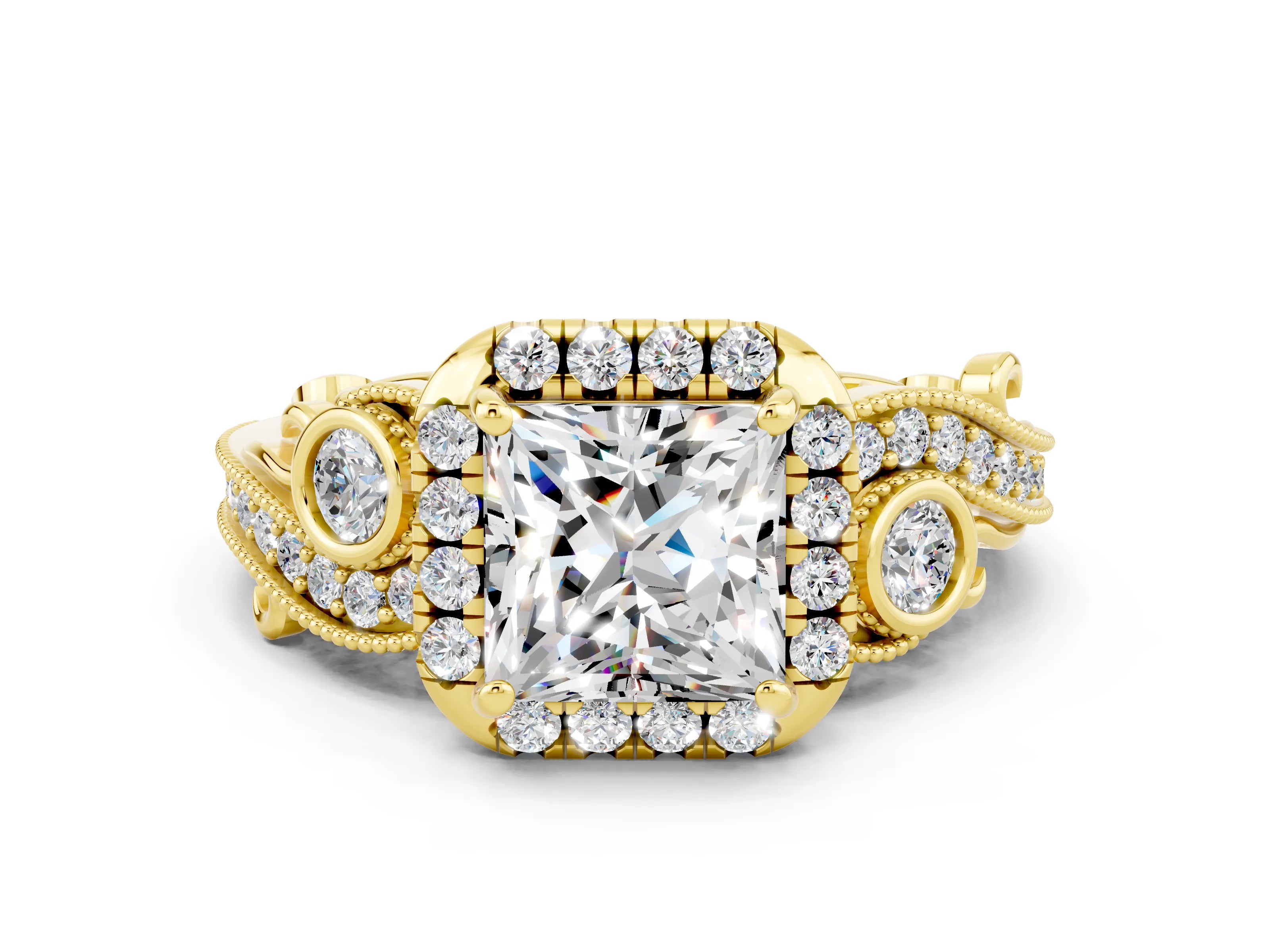 Yellow gold Princess Cut Moissanite Halo Ring with Milgrain Pavé Band and Four-Prong Setting_24