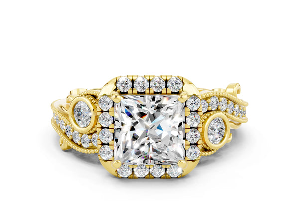 Yellow gold Princess Cut Moissanite Halo Ring with Milgrain Pavé Band and Four-Prong Setting