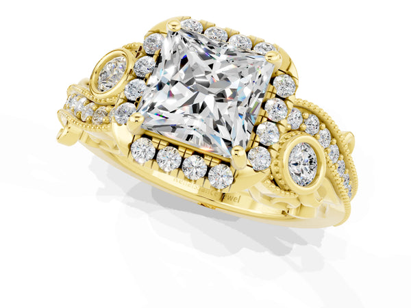 Yellow gold Princess Cut Moissanite Halo Ring with Milgrain Pavé Band and Four-Prong Setting