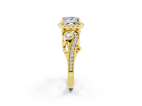 Yellow gold Princess Cut Moissanite Halo Ring with Milgrain Pavé Band and Four-Prong Setting_26