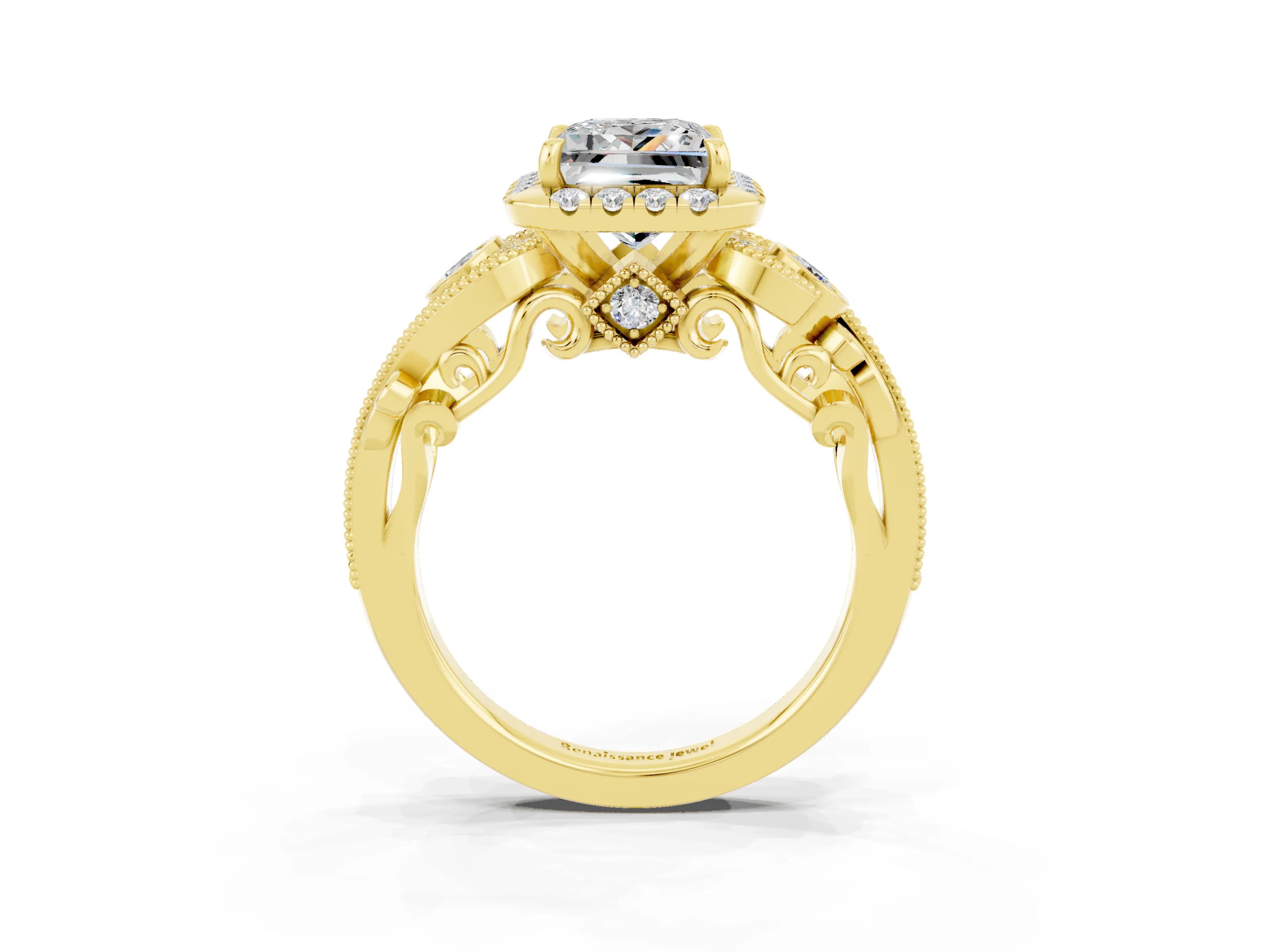Yellow gold Princess Cut Moissanite Halo Ring with Milgrain Pavé Band and Four-Prong Setting_27