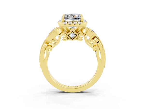 Yellow gold Princess Cut Moissanite Halo Ring with Milgrain Pavé Band and Four-Prong Setting