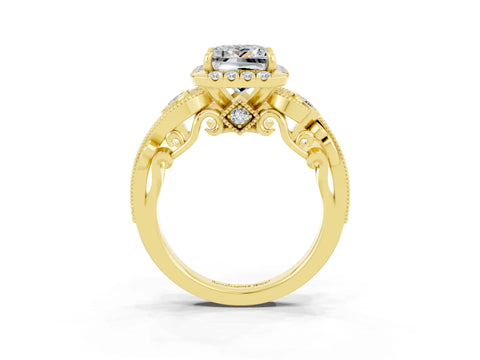 Yellow gold Princess Cut Moissanite Halo Ring with Milgrain Pavé Band and Four-Prong Setting_27