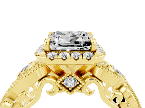Yellow gold Princess Cut Moissanite Halo Ring with Milgrain Pavé Band and Four-Prong Setting_28