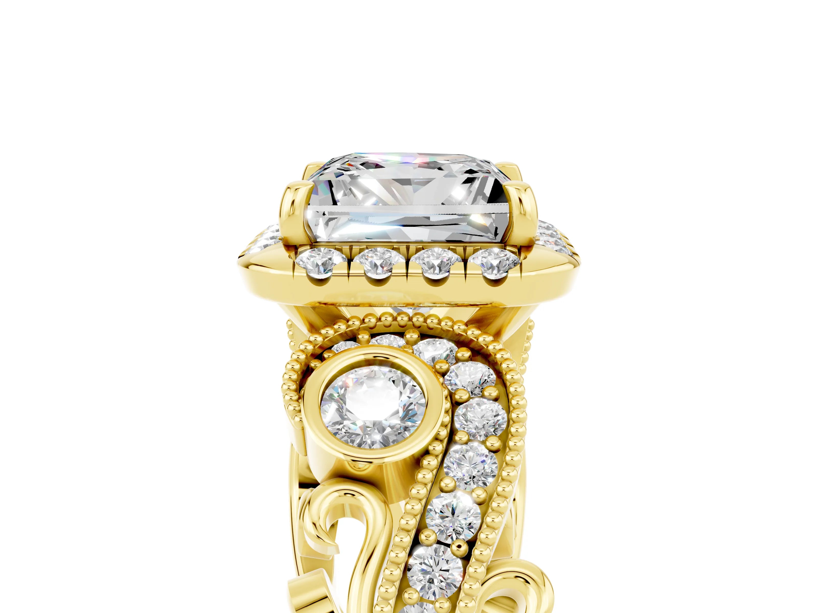 Yellow gold Princess Cut Moissanite Halo Ring with Milgrain Pavé Band and Four-Prong Setting_29