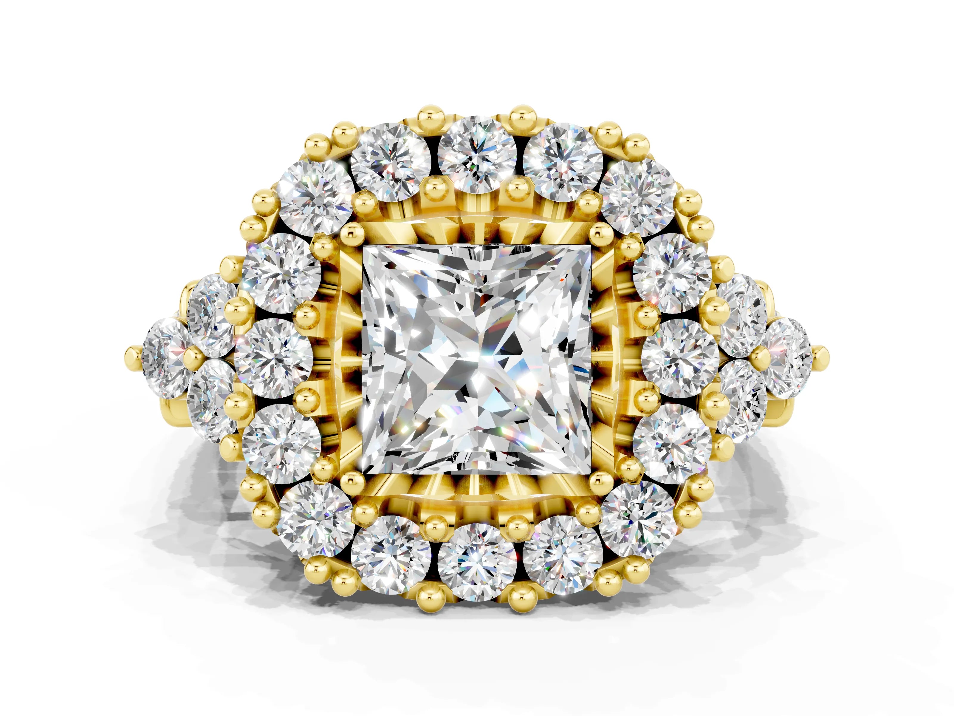 Yellow gold Princess Cut Moissanite Halo Ring with Pavé Band and Four-Prong Setting_12