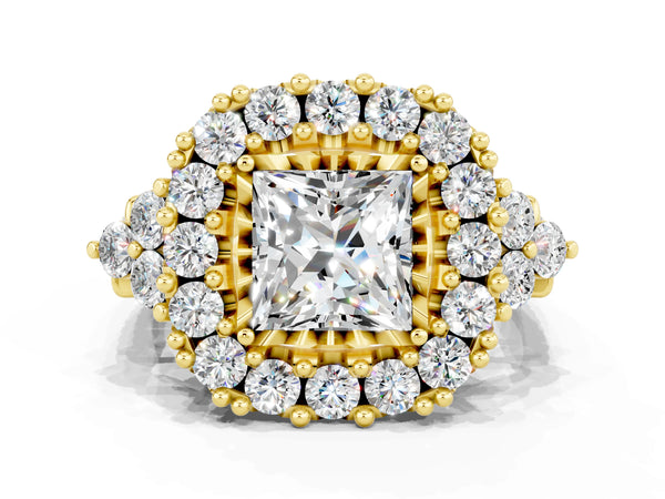 Yellow gold Princess Cut Moissanite Halo Ring with Pavé Band and Four-Prong Setting