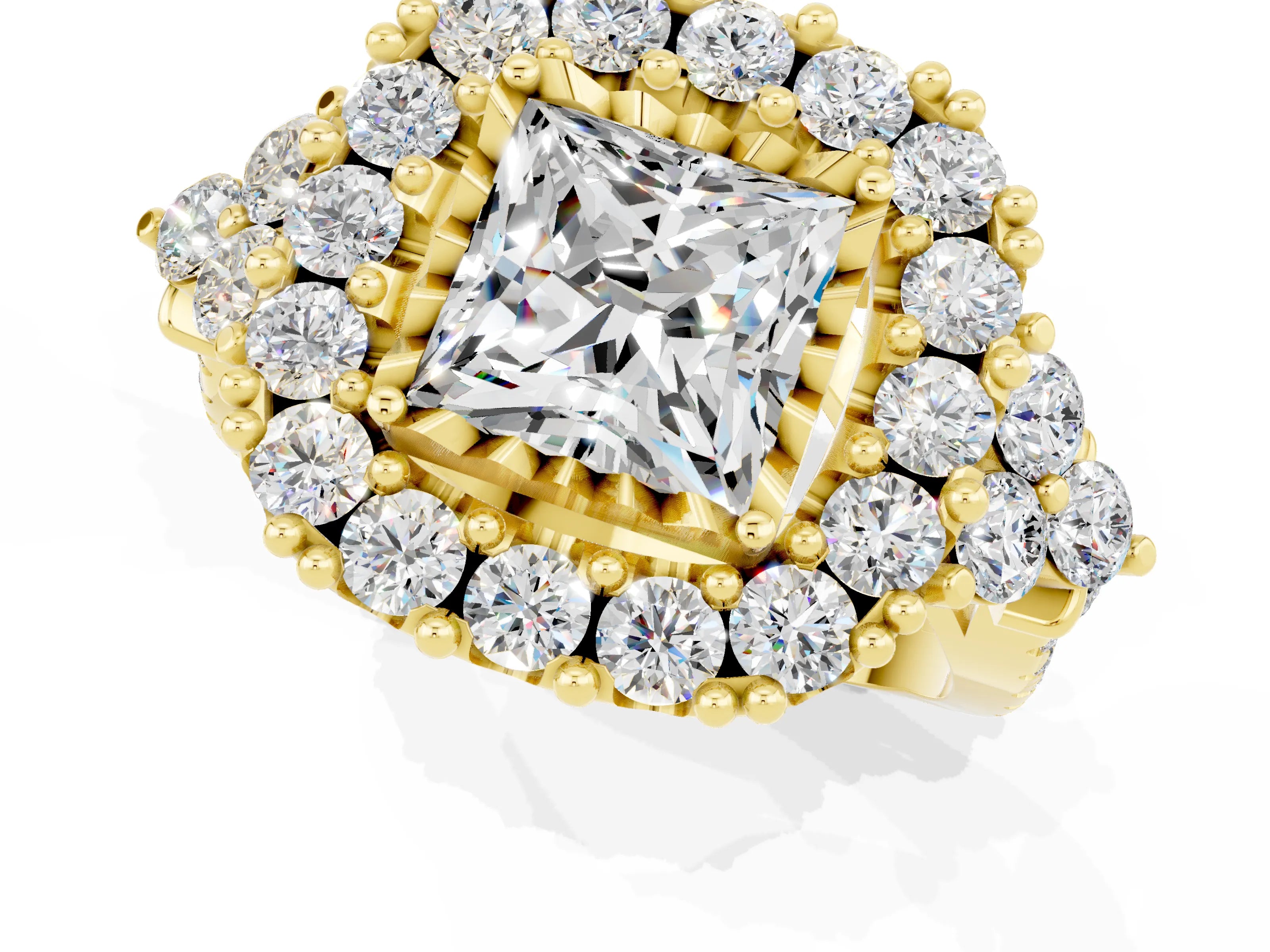 Yellow gold Princess Cut Moissanite Halo Ring with Pavé Band and Four-Prong Setting_13