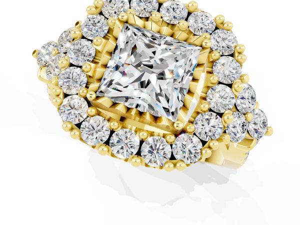 Yellow gold Princess Cut Moissanite Halo Ring with Pavé Band and Four-Prong Setting
