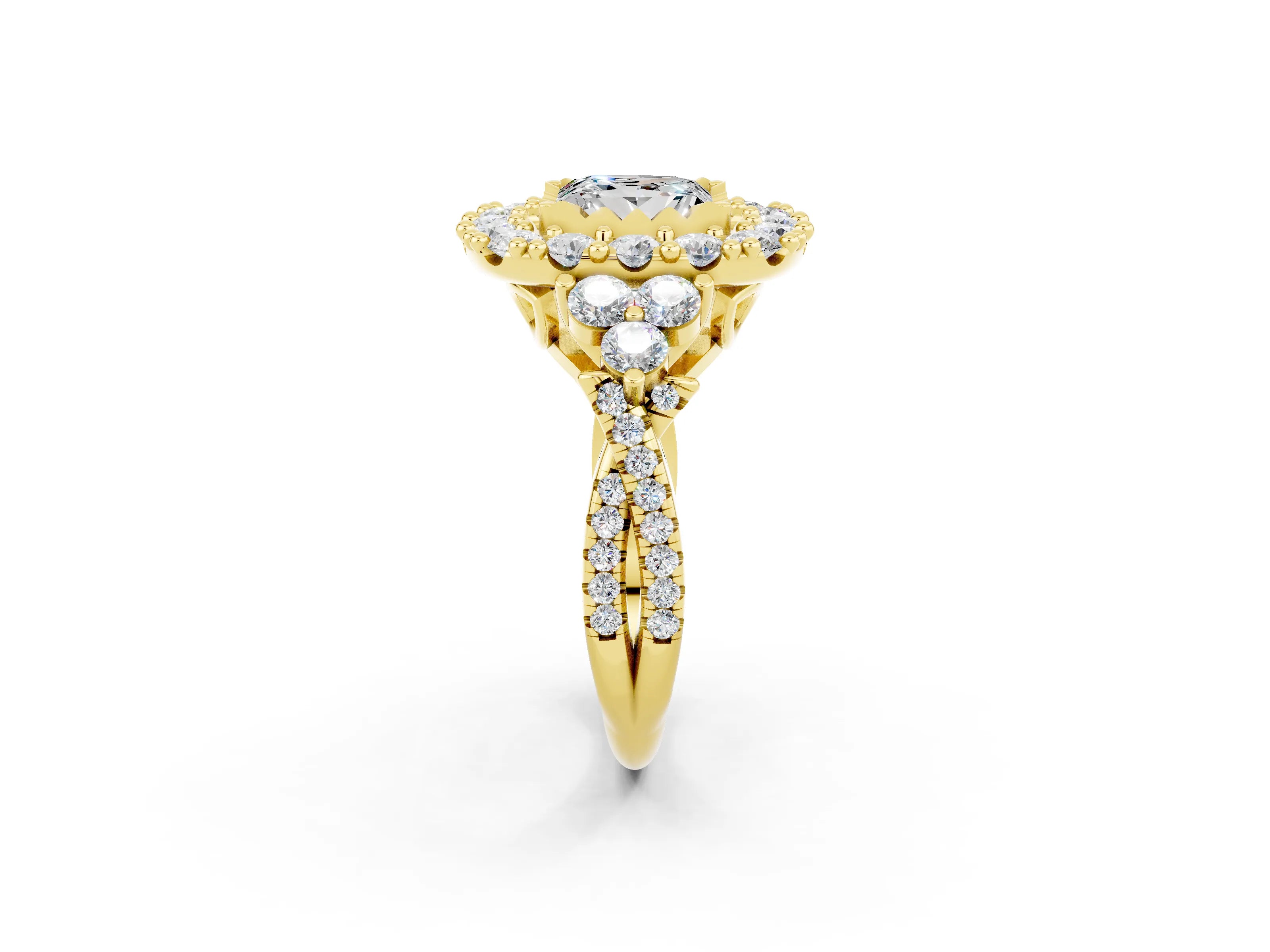 Yellow gold Princess Cut Moissanite Halo Ring with Pavé Band and Four-Prong Setting_14