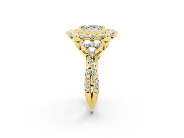 Yellow gold Princess Cut Moissanite Halo Ring with Pavé Band and Four-Prong Setting