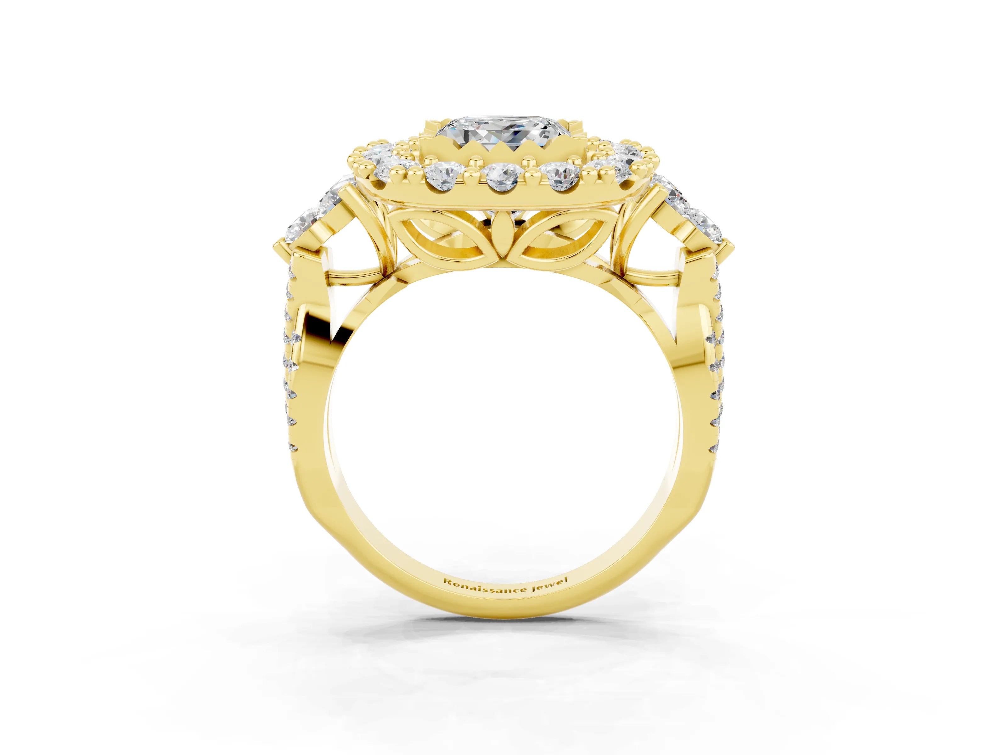 Yellow gold Princess Cut Moissanite Halo Ring with Pavé Band and Four-Prong Setting_15