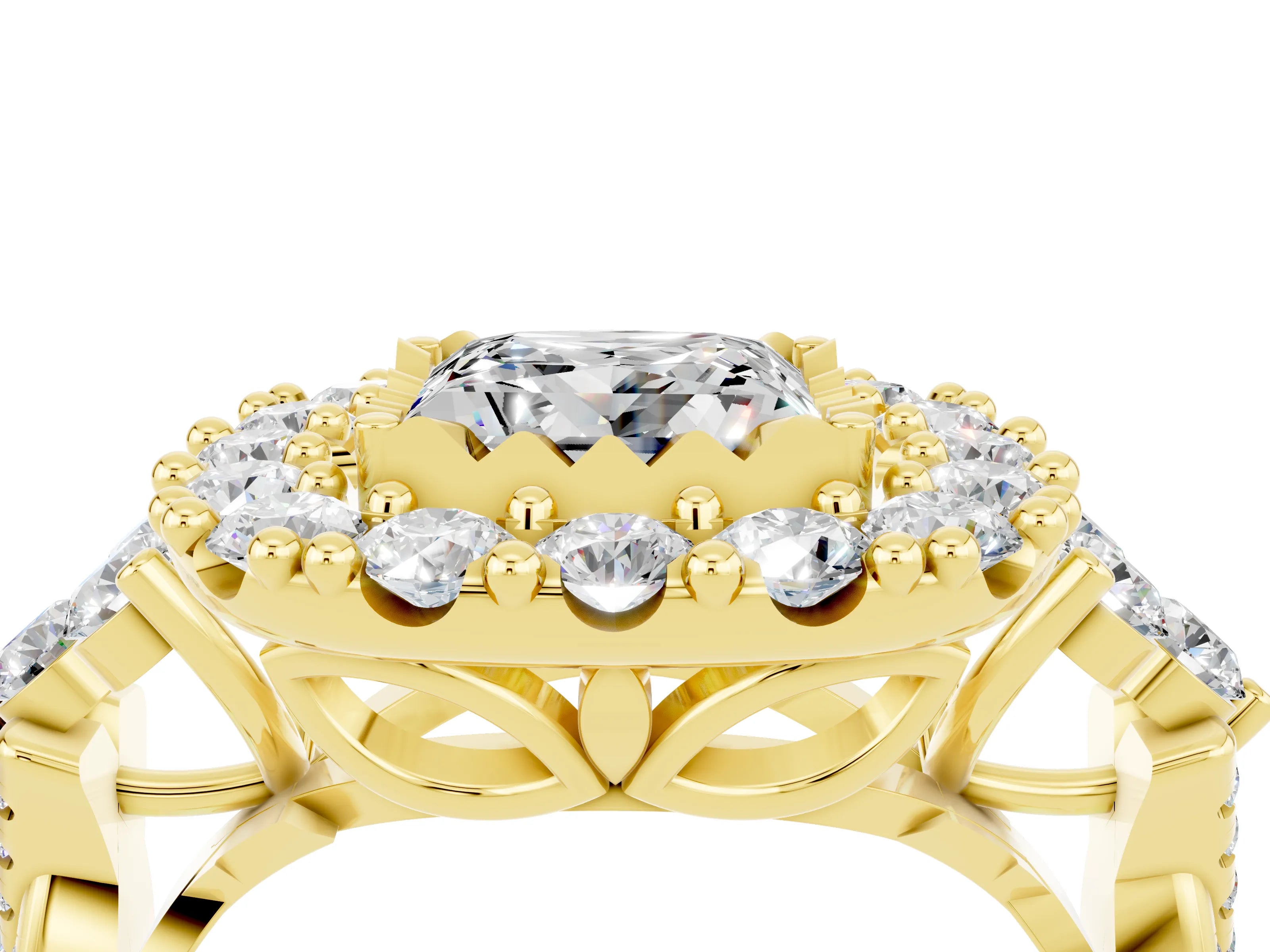 Yellow gold Princess Cut Moissanite Halo Ring with Pavé Band and Four-Prong Setting_16