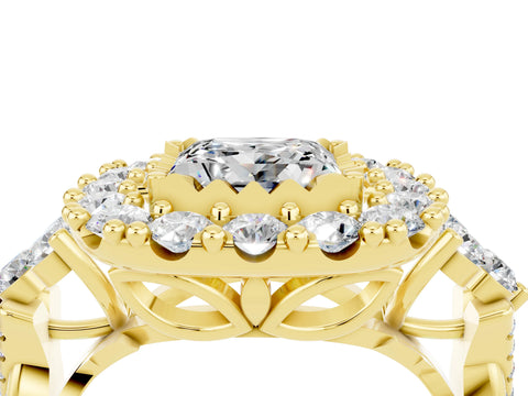 Yellow gold Princess Cut Moissanite Halo Ring with Pavé Band and Four-Prong Setting_16