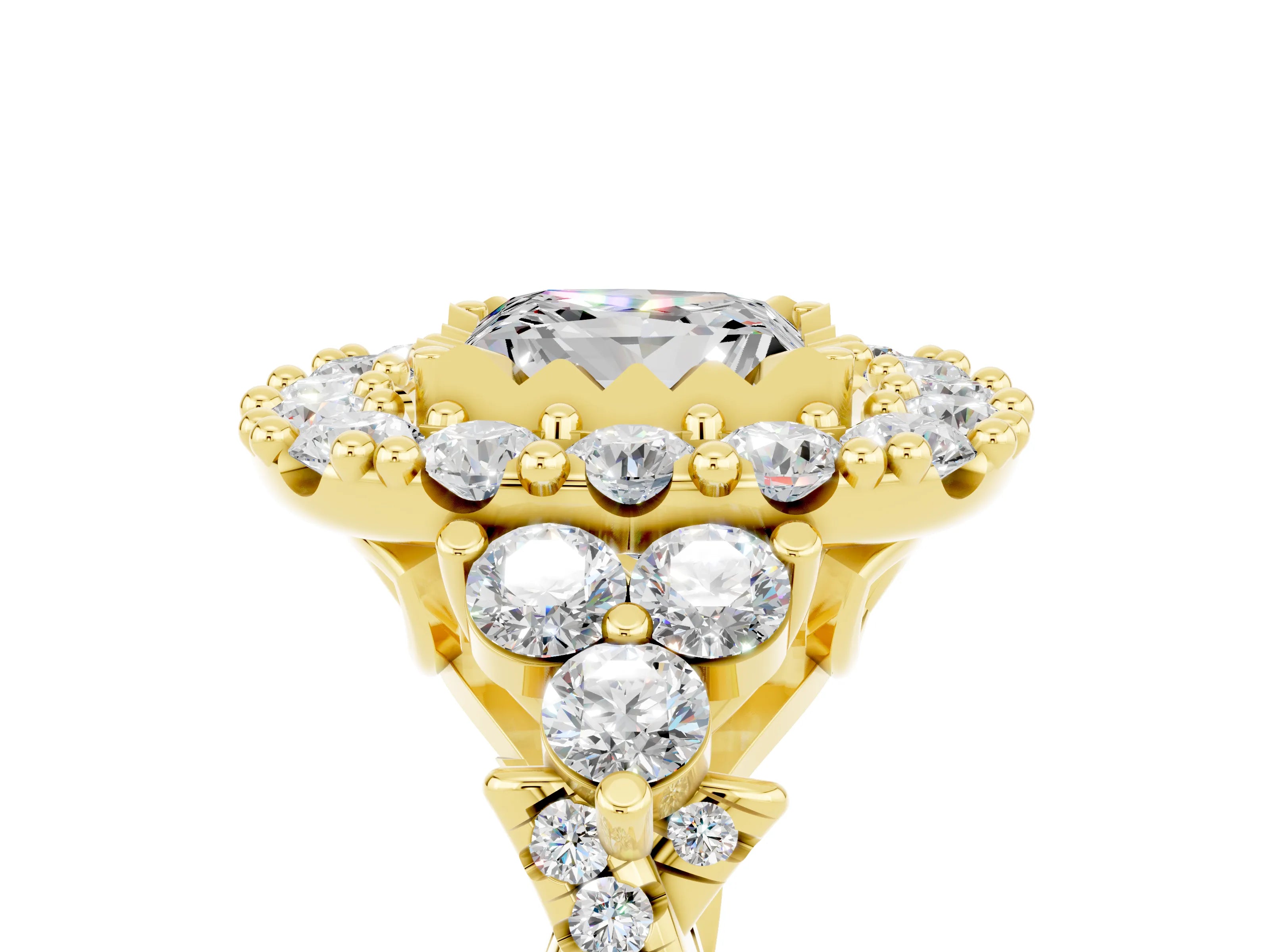 Yellow gold Princess Cut Moissanite Halo Ring with Pavé Band and Four-Prong Setting_17