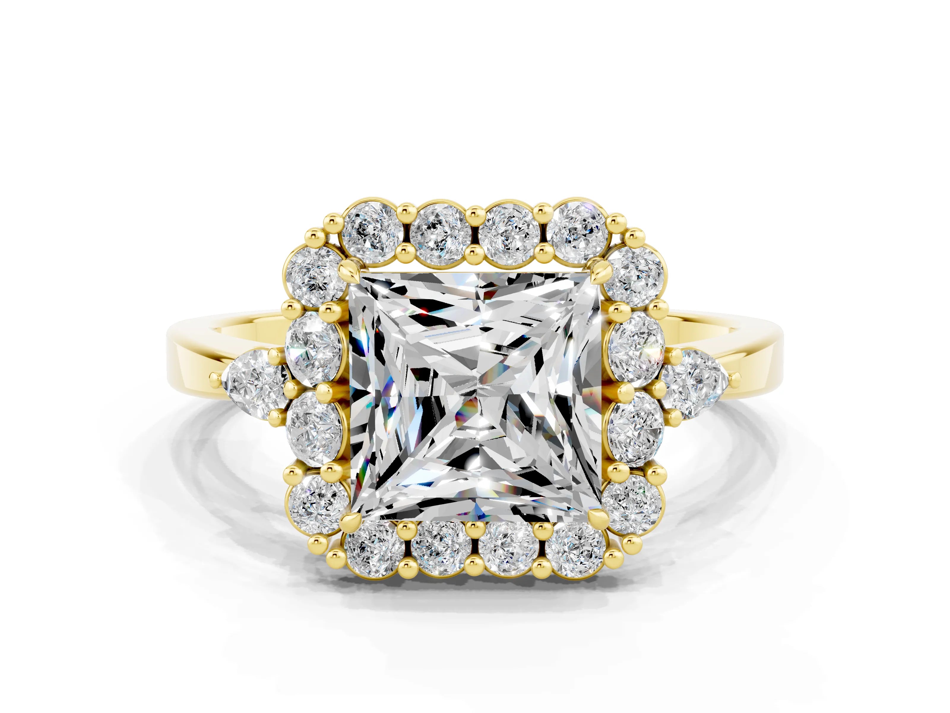 Yellow gold Princess Cut Moissanite Halo Ring with Pear Side Stones and Prong Setting_12