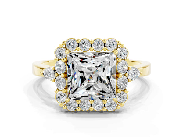 Yellow gold Princess Cut Moissanite Halo Ring with Pear Side Stones and Prong Setting