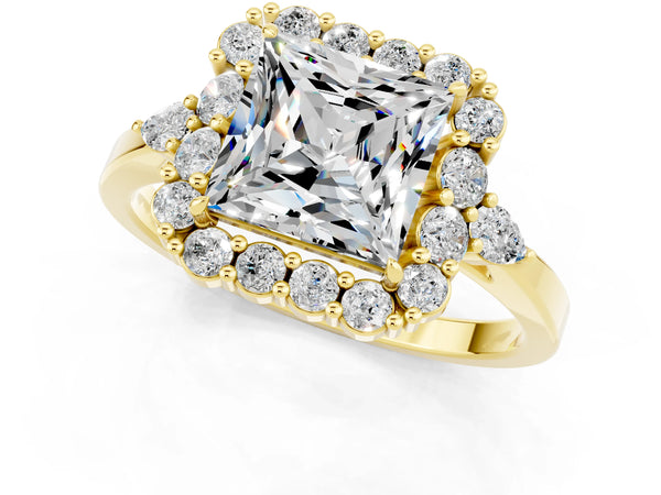 Yellow gold Princess Cut Moissanite Halo Ring with Pear Side Stones and Prong Setting