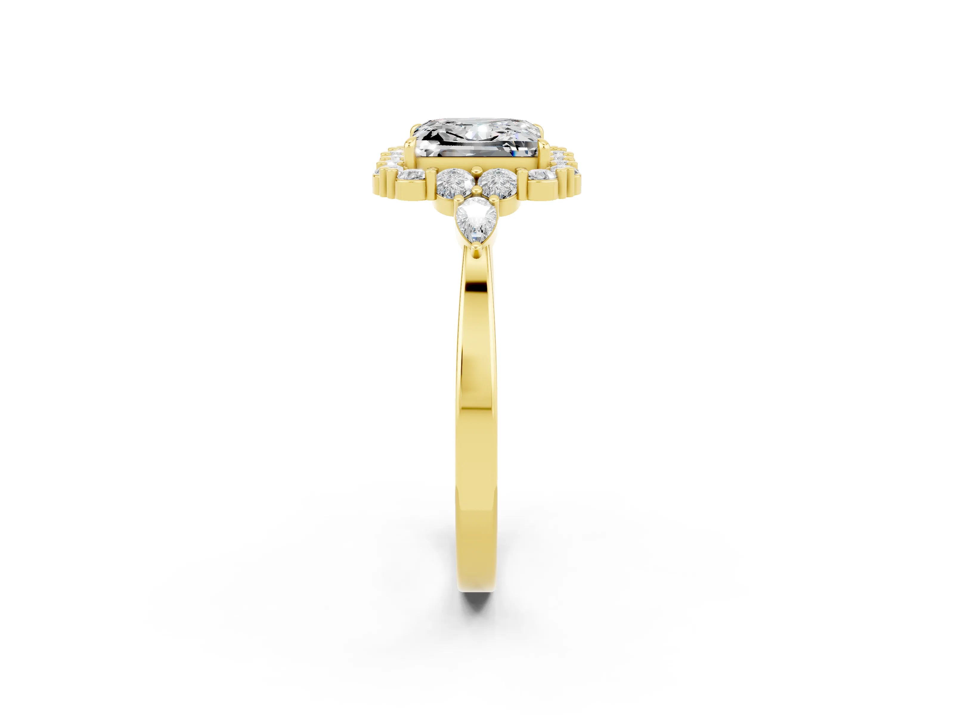 Yellow gold Princess Cut Moissanite Halo Ring with Pear Side Stones and Prong Setting_14