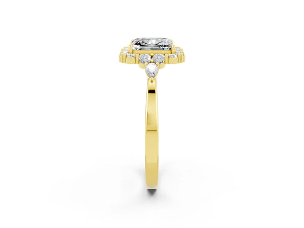 Yellow gold Princess Cut Moissanite Halo Ring with Pear Side Stones and Prong Setting