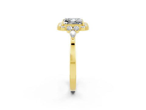Yellow gold Princess Cut Moissanite Halo Ring with Pear Side Stones and Prong Setting_14