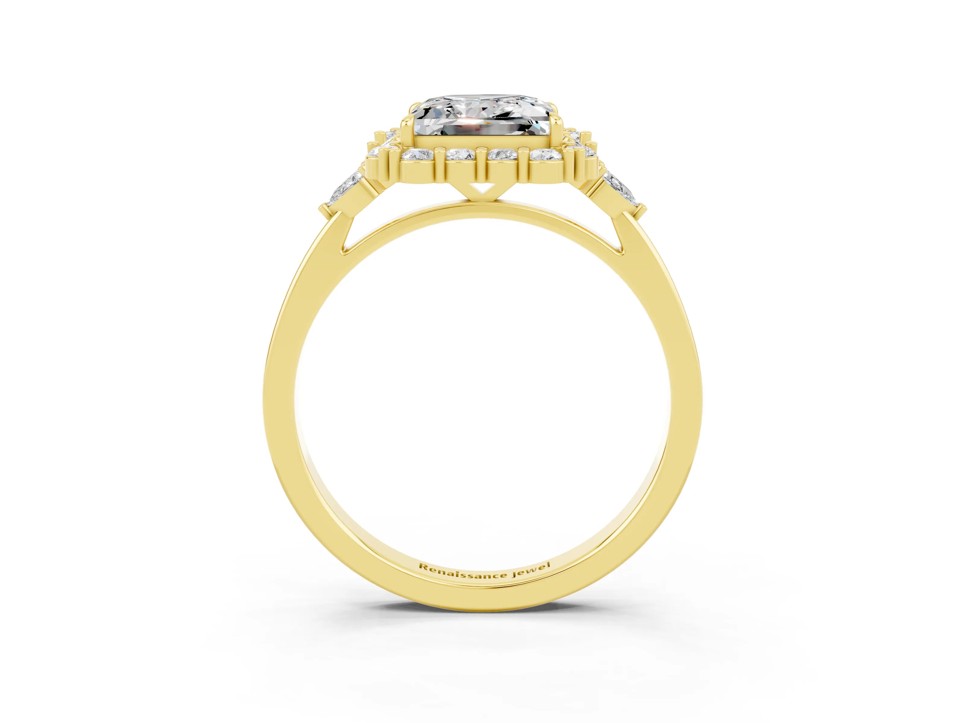 Yellow gold Princess Cut Moissanite Halo Ring with Pear Side Stones and Prong Setting_15