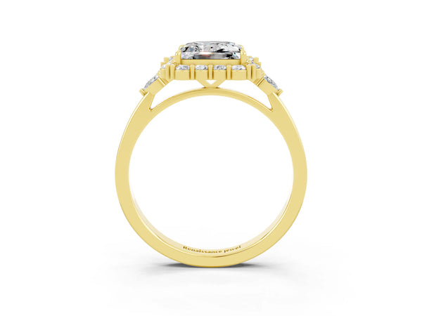 Yellow gold Princess Cut Moissanite Halo Ring with Pear Side Stones and Prong Setting